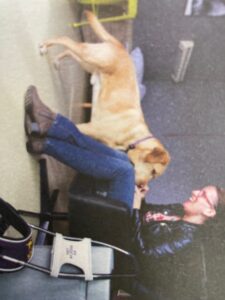 Foto van Debby die in een hotelkamer van KNGF Geleidehonden zit met blonde labrador Tobias bij haar voeten.