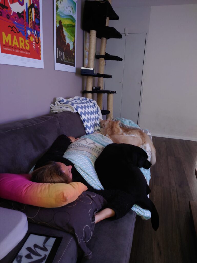 Foto van Debby die languit op de bank ligt met een dekbed over haar heen. Tegen haar aan liggen drie dieren: zwarte labrador Tarka en twee rood-witte maine coon katers Dommel en Dopey.