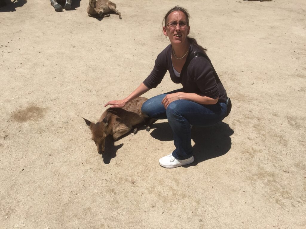 Foto van Debby met een tam hert op het Japanse heilige eiland Mayajima.