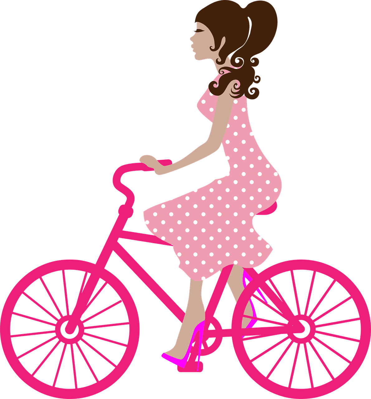 Tekening van een hippe dame op een fiets.