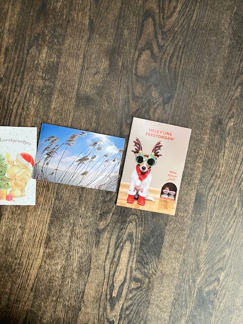 Foto van drie kerstkaarten die op een donkerbruine, houten ondergrond liggen. De linker kaart heeft een afbeelding van een kerstman, kerstboom en cadeaus met de tekst "kerstgroetjes". De middelste kaart toont een landschap met riet tegen een blauwe lucht met wolken. De rechter kaart heeft een foto van een hond verkleed als rendier met de tekst "Hele fijne feestdagen!" en een kleine afbeelding van een kerstman en een sneeuwpop onderaan.