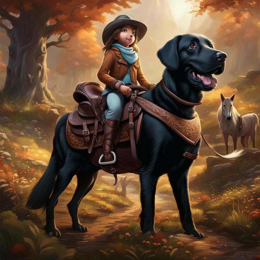 Een kleurrijke afbeelding van een grote zwarte hond met een zadel op zijn rug waarop een klein meisje zit. Het meisje draagt een hoed, een sjaal en een jas. Achter de hond en het meisje is een klein paard te zien in een bosrijke omgeving met herfstkleuren.