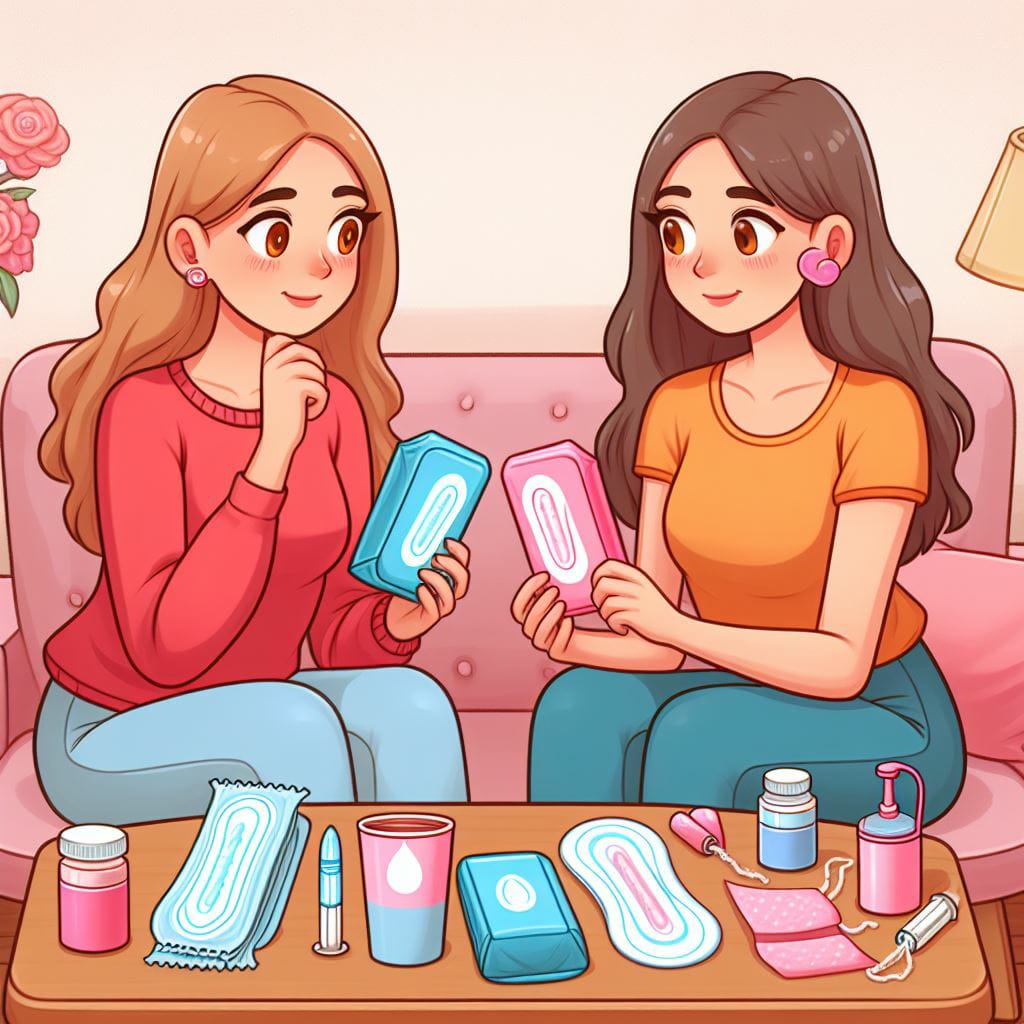 Kleurrijke afbeelding van twee vrouwen die op een roze bank zitten in een gezellige, huiselijke setting. De vrouwen dragen casual kleding en hebben een vriendelijke uitdrukking op hun gezicht. Ze houden elk een maandverbandpakje vast en lijken een gesprek te voeren. Voor hen op een lage tafel liggen verschillende menstruatieproducten, waaronder: maandverband, tampons, menstruatiecup, doekjes, een flesje met pillen, een glas water en een pompflesje met mogelijk een hygiënisch product. De kamer heeft een gezellige uitstraling met een roze kleurenschema en een bloemendecoratie aan de muur.
