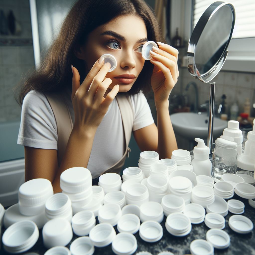 Foto van een jonge vrouw met donkerbruin haar en een wit T-shirt, die voor een spiegel zit. Ze houdt een contactlens vast tussen haar vinger en duim en lijkt deze in haar oog te willen plaatsen terwijl ze in een ronde spiegel kijkt die op een standaard staat. Achter haar is een onscherpe achtergrond met wat lijkt op een badkameromgeving met flessen en potjes. Op de voorgrond van de afbeelding zijn veel witte lensdoosjes te zien. De focus van de afbeelding ligt op haar gezicht en de handeling die ze uitvoert.
