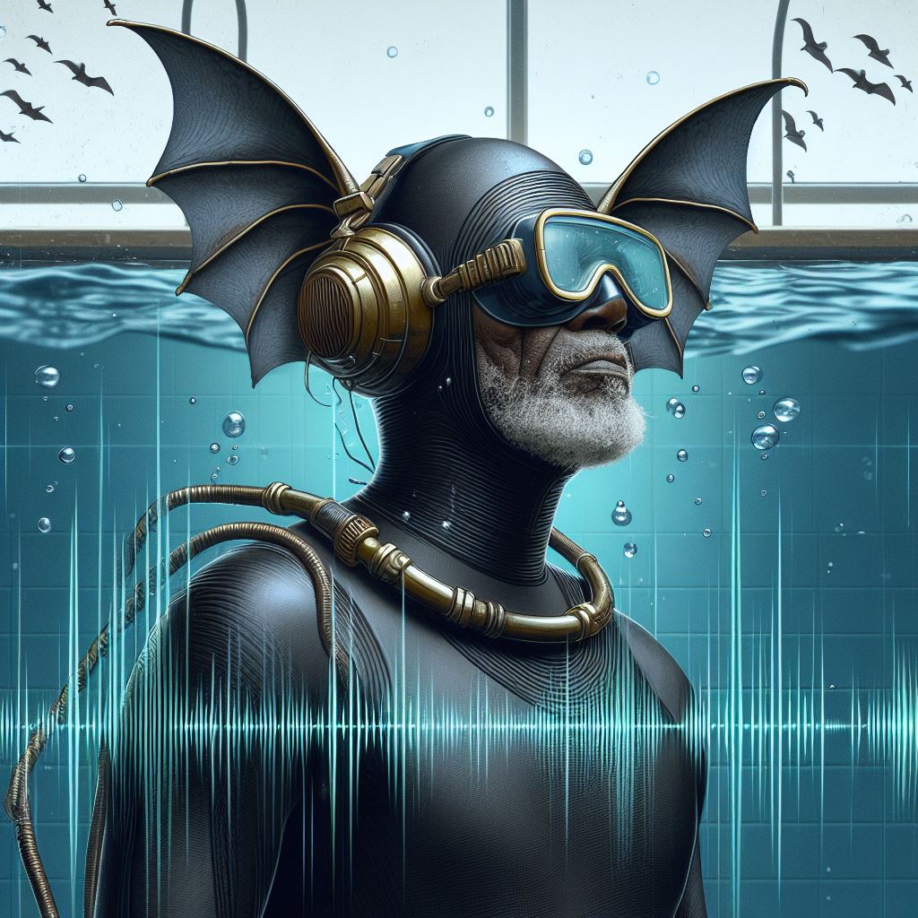 Tekening van een man met een opvallende, tech-geïnspireerde duikersuitrusting. Hij is tot de nek ondergedompeld in water en lijkt een oudere man te zijn met grijze baardstoppels. Op zijn hoofd draagt hij een futuristische duikhelm met aan de zijkanten van de helm twee grote, batman-achtige oren. Hij draagt een grote duikbril met een gouden rand met opvallende details. Op de helm zitten buizen bevestigd die waarschijnlijk dienen als ademhalingsapparatuur. Op de achtergrond zie je een achtermuur van een waterbassin en vissen. Onderaan het beeld zie je digitale audiogolfvisualisaties. De tekening geeft het gevoel van science fiction of alternatieve realiteit waar technologie en fantasie elkaar ontmoeten.
