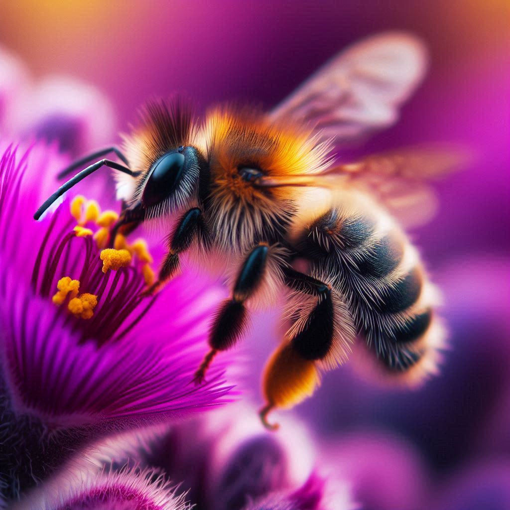 Close-up foto van een bij die op een bloem zit. De bij is geel en zwart gestreept, met doorschijnende vleugels en grote zwarte ogen. Het lichaam van de bij is bedekt met fijne haartjes. De bij is bezig met het verzamelen van nectar van de bloem, waarvan de bloemblaadjes roze van kleur zijn en delicaat lijken. De bloem lijkt op een soort distel of een vergelijkbare bloem. In het centrum van de bloem zijn felgele stuifmeelkorrels aan fijne, draadachtige meeldraden zichtbaar, die een mooi contrast vormen met de roze kleur van de bloemblaadjes. De achtergrond van de foto is vervaagd in zachte tinten van paars, roze en oranje.