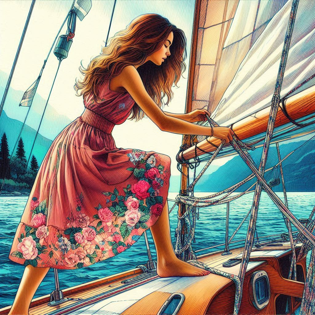 Tekening van een vrouw, gekleed in een koraalrode jurk met een wijde rok die versierd is met roze en rode rozen, die op het dek van een zeilboot staat. Haar lange, golvende haar waait in de wind terwijl ze vooroverbuigt om iets aan de tuigage van de boot te veranderen. De setting is idyllisch: een turquoise meer of baai met dennenbomen aan de oever op de achtergrond. De witte zeilen van de boot zijn zichtbaar en het houten dek heeft een warme, honingkleurige tint. Het geheel heeft een dromerige, geïllustreerde stijl die doet denken aan een moderne sprookjesillustratie. De compositie straalt een gevoel van vrijheid en romantiek uit, met de beweging van de jurk en het haar in de wind, en het contrast tussen de warme tinten van de jurk en het koele blauw van het water.