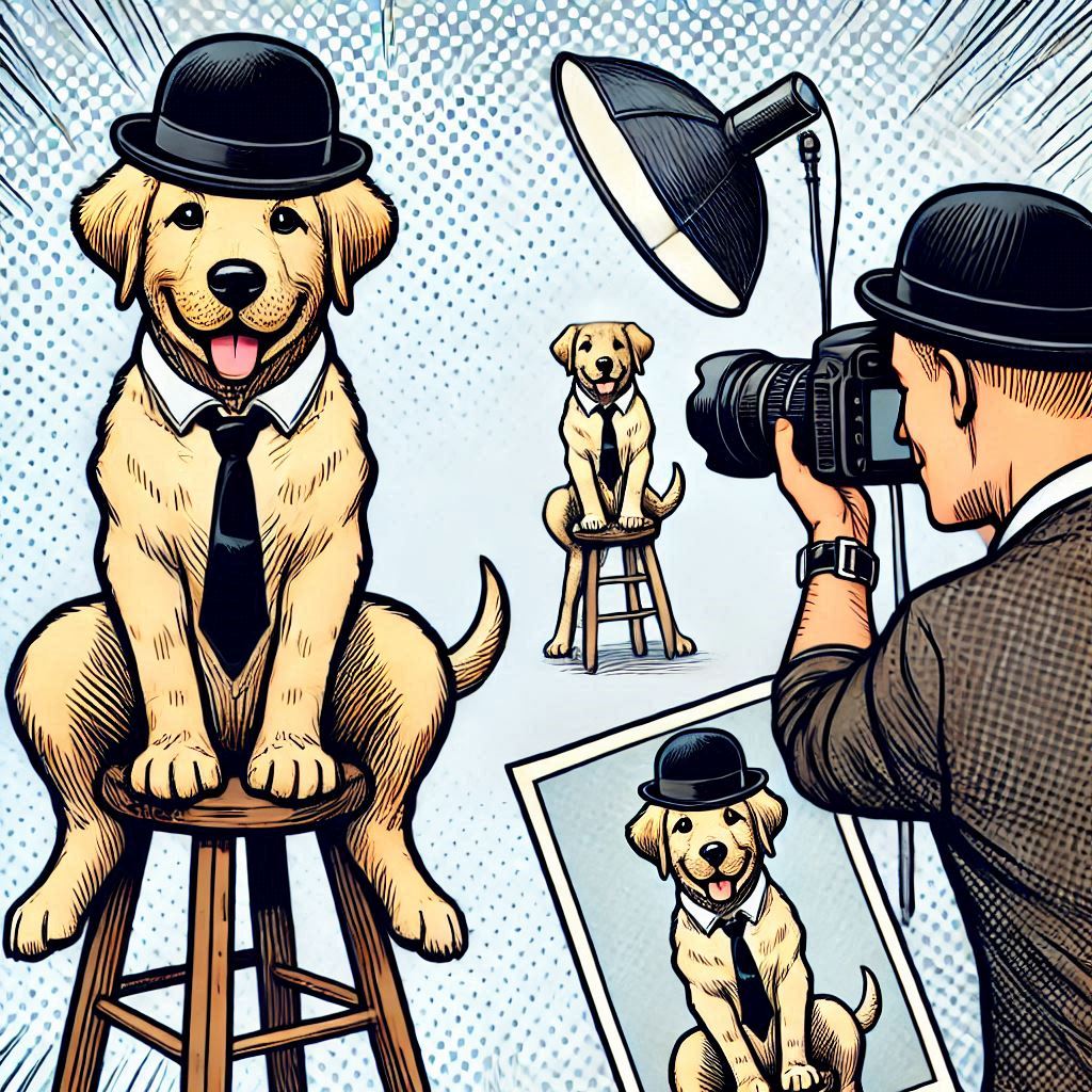 Striptekening van een fotoshoot met een Labrador retriever als model. De hond is goudkleurig en draagt een zwarte bolhoed en een wit overhemd met een zwarte stropdas, wat hem een formele en charmante uitstraling geeft. Hij zit op een hoge houten kruk en kijkt vrolijk met zijn tong uit zijn bek. Er is ook een fotograaf zichtbaar, die ook een bolhoed draagt, en professionele fotostudioapparatuur zoals een grote studioflitser met paraplu. De afbeelding toont drie versies van dezelfde scène: een grote close-up van de hond links, een kleinere versie in het midden waar de volledige fotostudio-opstelling te zien is, en rechtsonder een foto die het eindresultaat voorstelt. De tekenstijl is levendig en gedetailleerd, met een lichtblauwe gestippelde achtergrond die doet denken aan vintage strips. Het geheel heeft een vrolijke, speelse sfeer.