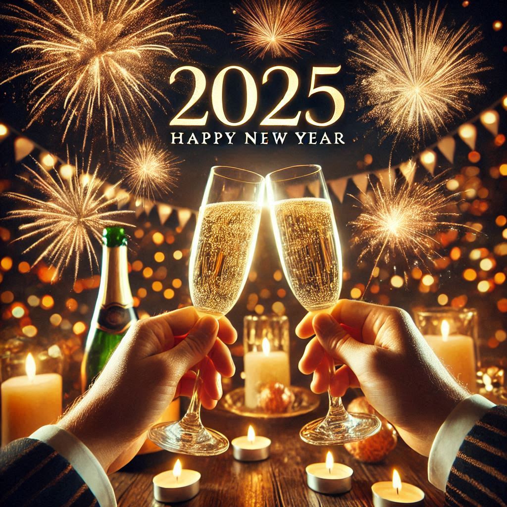 Foto met de tekst ‘2025 Happy New Year’ bovenaan, omringd door kleurrijke vuurwerkexplosies op de achtergrond. Op de voorgrond klinken twee handen champagneglazen tegen elkaar aan, daaromheen staan brandende kaarsen en feestelijke verlichting. Er is ook een fles champagne zichtbaar, naast decoratieve slingers. De sfeer is feestelijk.