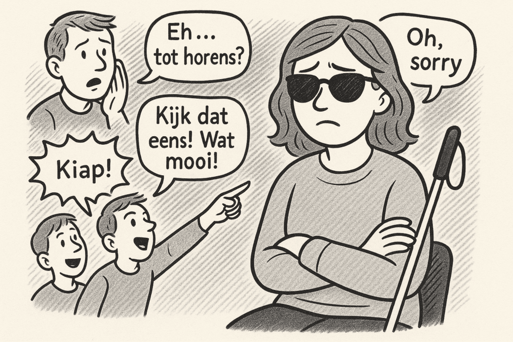 Tekening van een jonge blinde, vrouw met lang, golvend bruin haar die een roze jurk draagt. Haar mond is afgeplakt met twee gekruiste stukken tape. Ze kijkt gefrustreerd en heeft haar ogen gesloten en haar wenkbrauwen licht gefronst. De achtergrond is geschilderd in zachte, dromerige tinten van turquoise en geel, met decoratieve wervelende patronen. De stijl van de tekening is semi-realistisch met zachte, geschilderde texturen die doen denken aan olieverf of acryl.