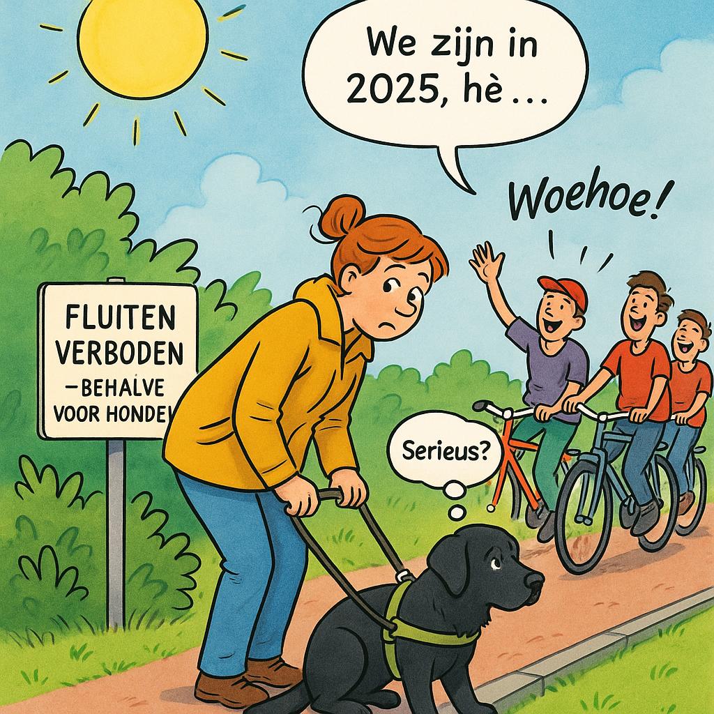 Cartoontekening van een vrouw met een geel jack dien een zwarte hond aan de lijn uitlaat. Er is een bord naast haar waarop staat: ‘FLUITEN VERBODEN - BEHALVE VOOR HONDEN’. Op de achtergrond fietsen drie jongens op een pad. Ze kijken vrolijk en lijken de vrouw te roepen, met een van hen die roept: ‘Woehoe!’ De hond heeft een tekstballon waarin staat: ‘Serieus?’, wat suggereert dat zij verbaasd is over de situatie. Bovenaan de afbeelding staat: ‘We zijn in 2025, hè…’ De zon schijnt fel aan een heldere blauwe hemel met enkele wolken.