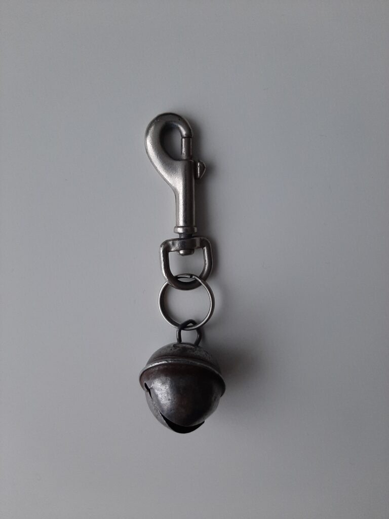 Foto van het belletje dat tijdens het uitlaten aan de halsband van Tarka hangt.