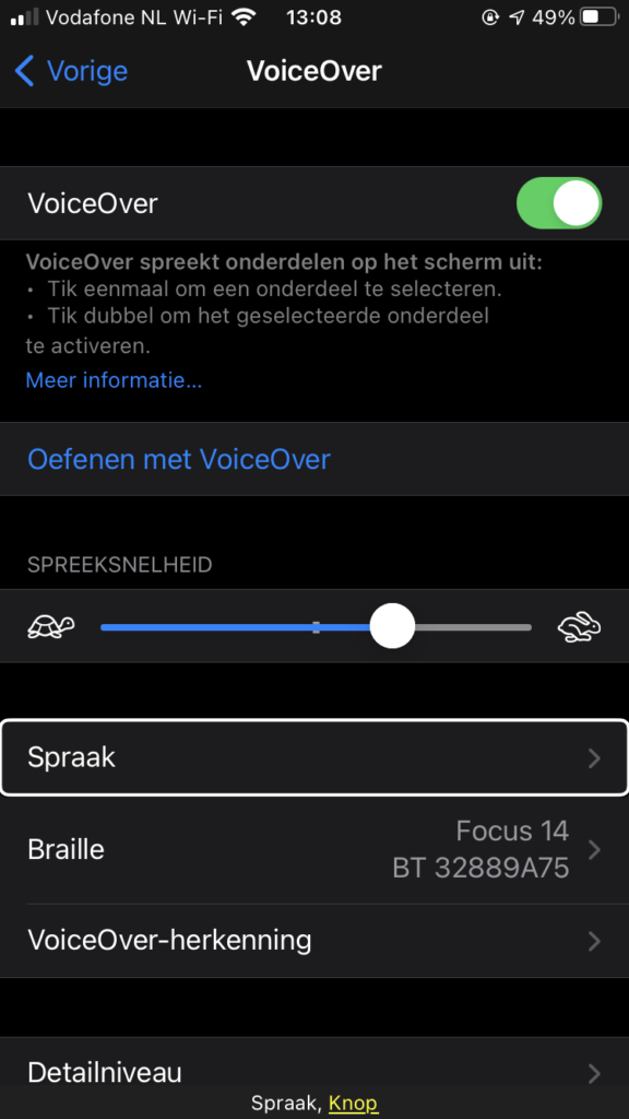 Screenshot van het VoiceOver-menu op de iPhone van Debby (iOs 14.5.1).