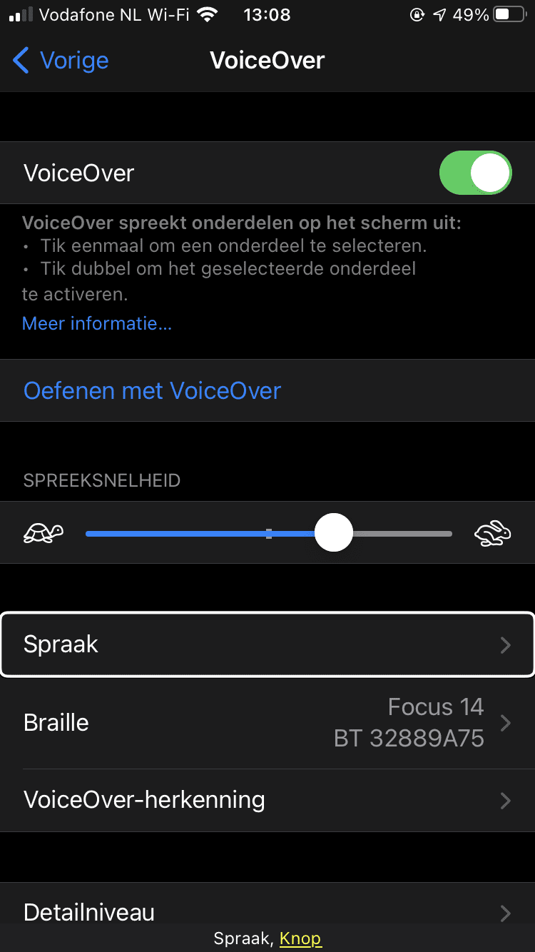Screenshot van het VoiceOver-menu op de iPhone van Debby (iOs 14.5.1).